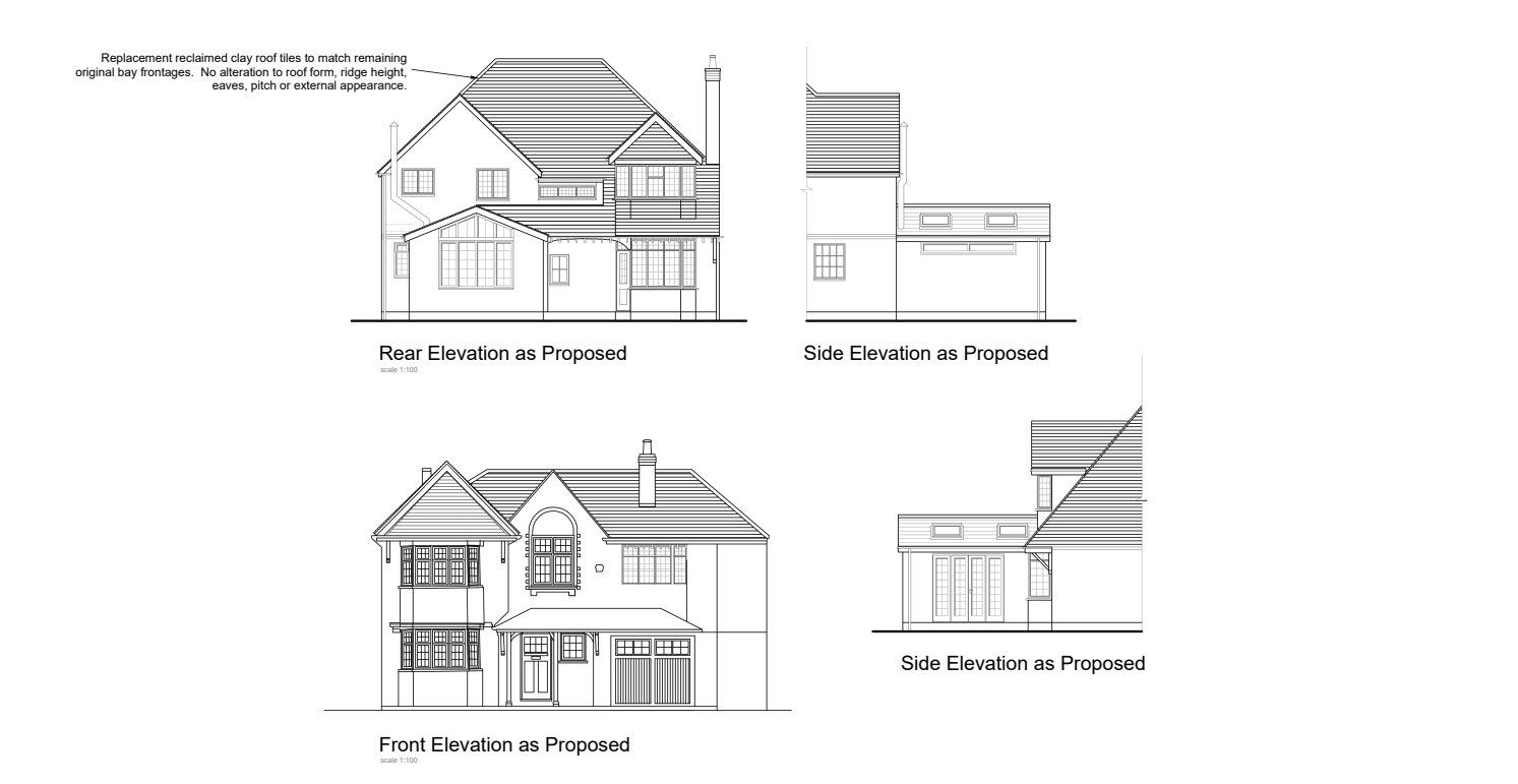 Existing and proposed elevations for a roof re-tiling project in Birmingham's Moseley St Agnes Conservation Area